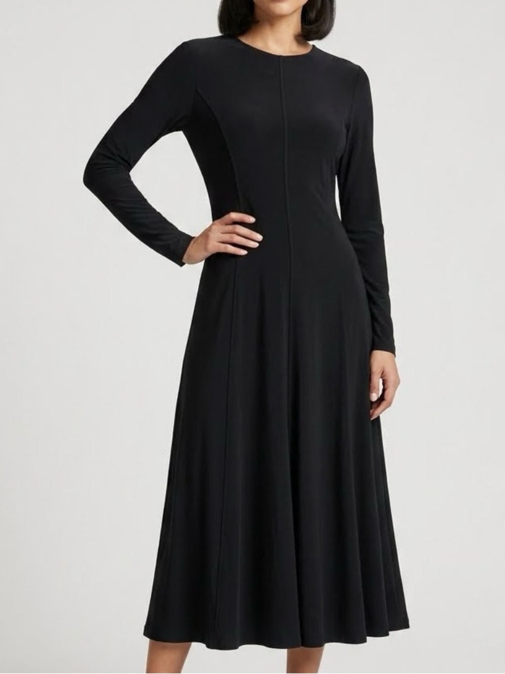 Tommy Hilfiger Black Long-Sleeve A-Line Midi Dress with Fitted Bodice